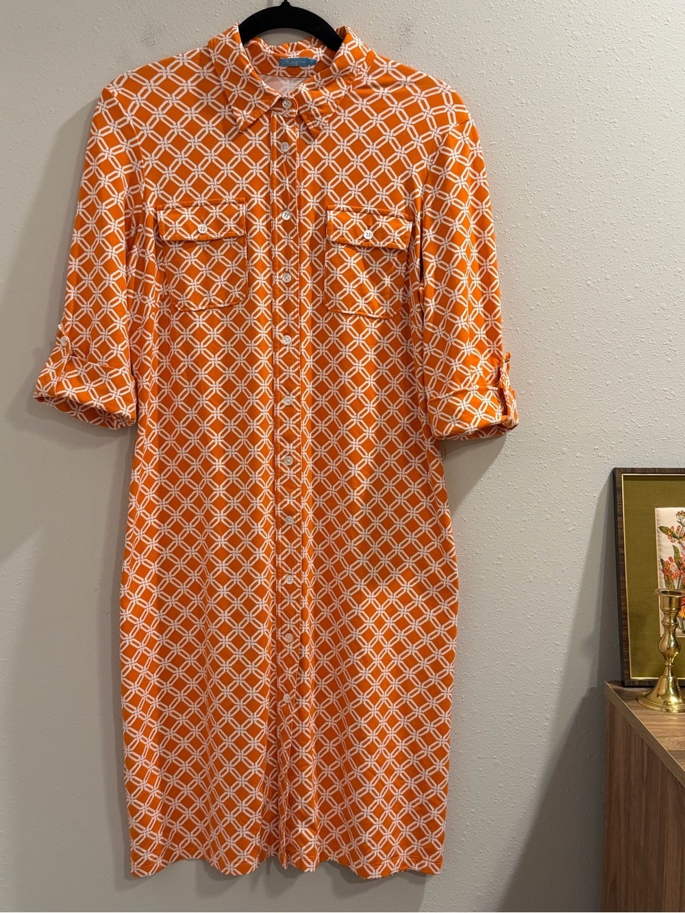 J. McLaughlin Size Medium Orange Geometric Brynn Shirt Dress Classic Preppy